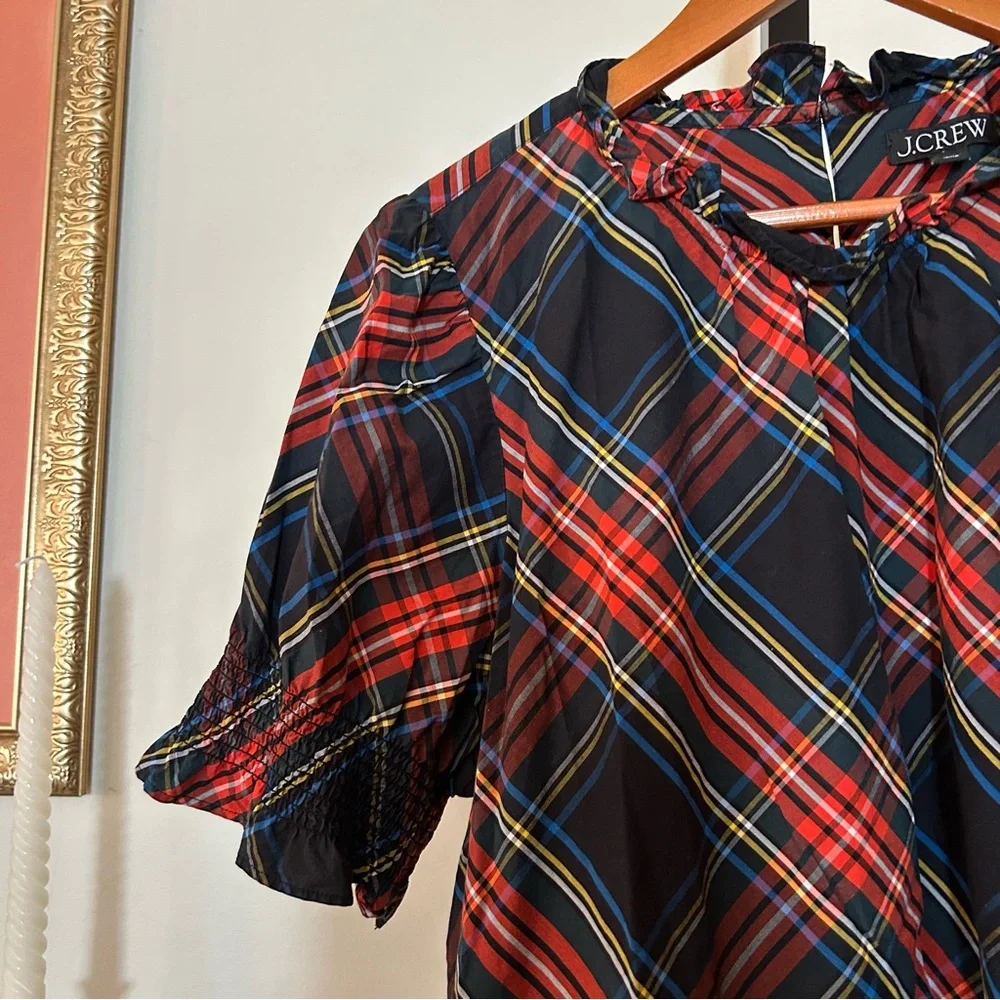 J. Crew Smocked Puff Sleeve Cotton Poplin Top Stewart Tartan Plaid Blouse Sz XXL